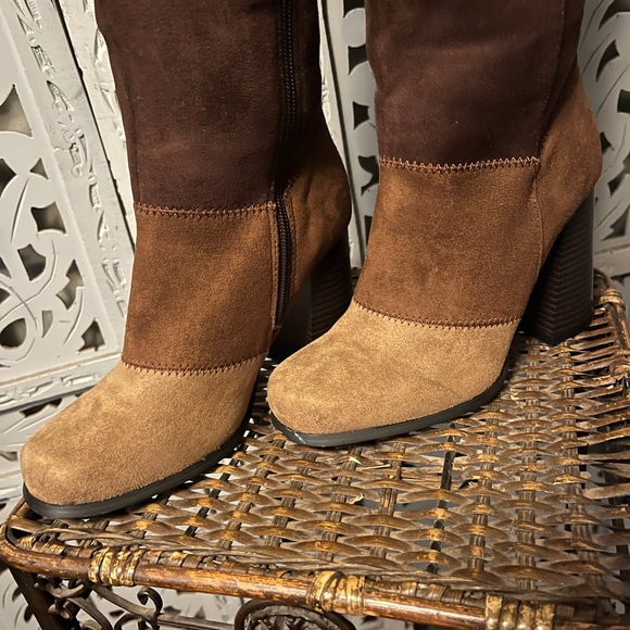 MONACO Simply lovely brown & tan suede style chunk heel zip up tall boots - Picture 4 of 7